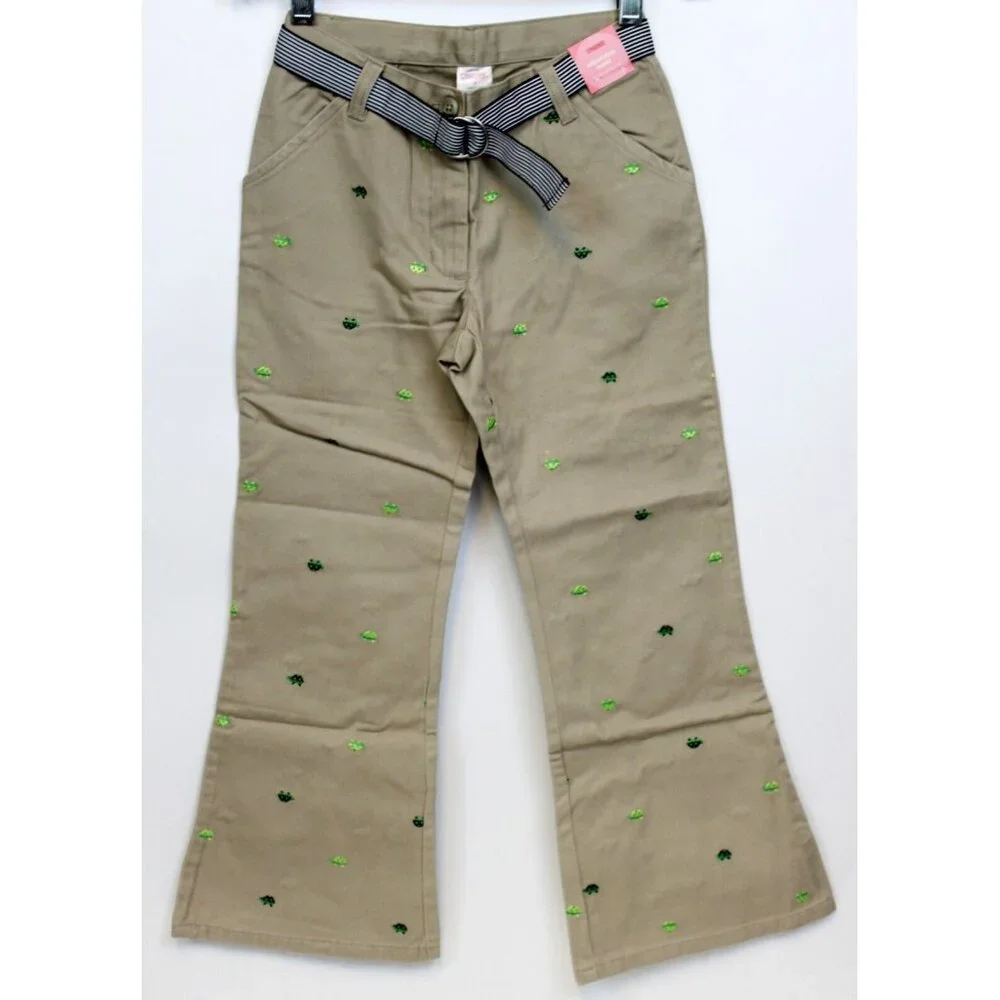 NEW 2006/05 Gymboree Prep Club Khaki Pants sz 7 Spring Turtle Ruffle Belt Embroi